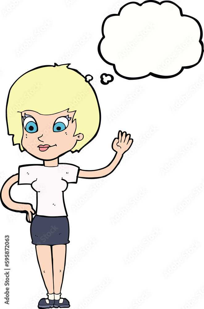 cartoon woman waving with thought bubble cartoon woman waving with thought bubble