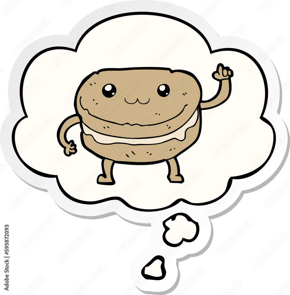 cartoon waving cake character with thought bubble as a printed sticker cartoon waving cake character with thought bubble as a printed sticker