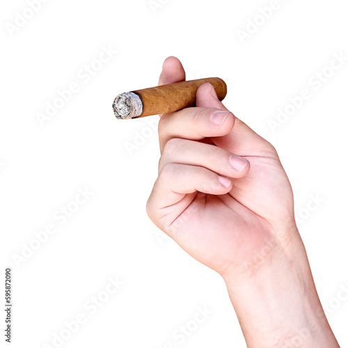 Young man holding Cuban cigar in hand and smoking - isolated png