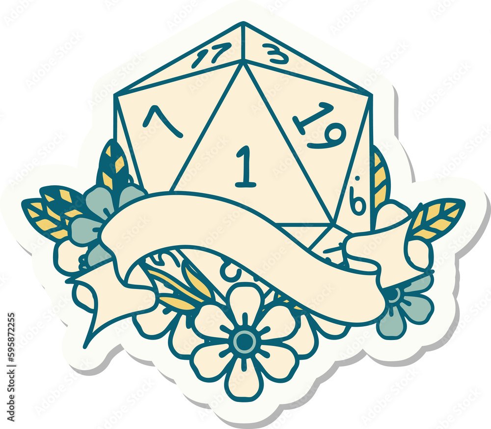 sticker of a natural one d20 dice roll