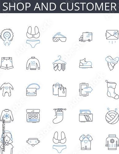 Shop and customer line icons collection. Business and client, Retail and purchaser, Store and consumer, Mart and shopper, Boutique and buyer, Outlet and patron, Supermarket and customer vector and