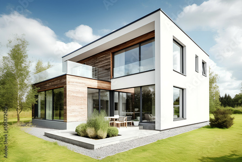 New Modern House with Large Windows and Garden in Rural Area Under Beautiful Sky, Generative AI © spreephoto