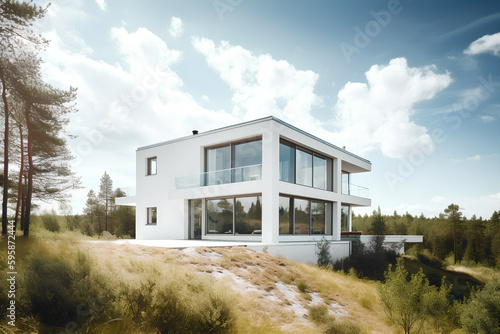 New Modern House with Large Windows and Garden in Rural Area Under Beautiful Sky, Generative AI © spreephoto