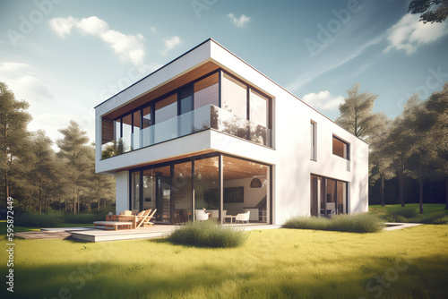 New Modern House with Large Windows and Garden in Rural Area Under Beautiful Sky  Generative AI