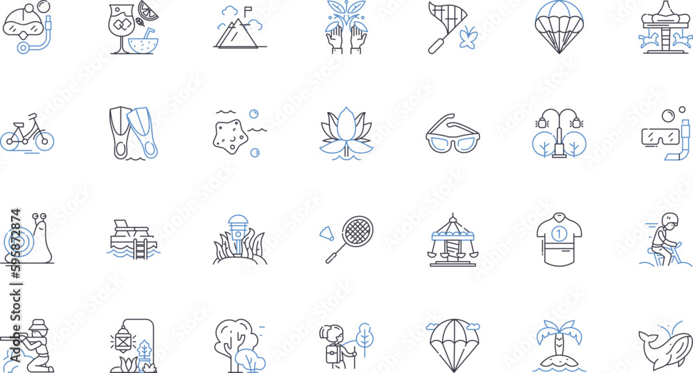 Outdoor adventure line icons collection. Hiking, Camping, Climbing, Kayaking, Rafting, Fishing, Backpacking vector and linear illustration. Biking,Skiing,Snowboarding outline signs set