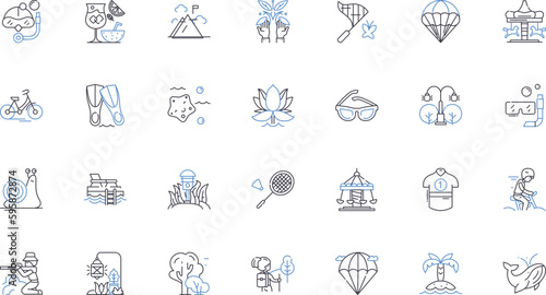 Outdoor adventure line icons collection. Hiking, Camping, Climbing, Kayaking, Rafting, Fishing, Backpacking vector and linear illustration. Biking,Skiing,Snowboarding outline signs set photo