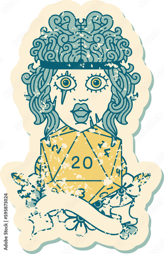 Retro Tattoo Style human barbarian with natural 20 dice roll Retro Tattoo Style human barbarian with natural 20 dice roll