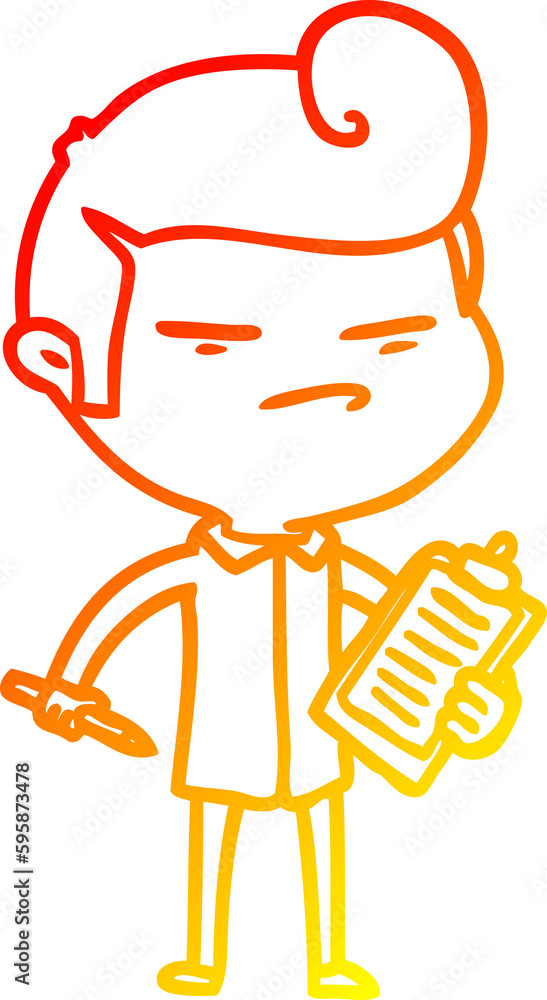 warm gradient line drawing of a cartoon cool guy with fashion hair cut and clip board warm gradient line drawing of a cartoon cool guy with fashion hair cut and clip board