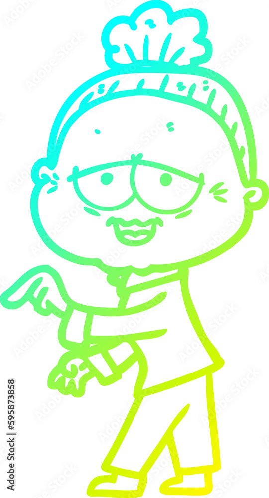 cold gradient line drawing of a cartoon happy old lady