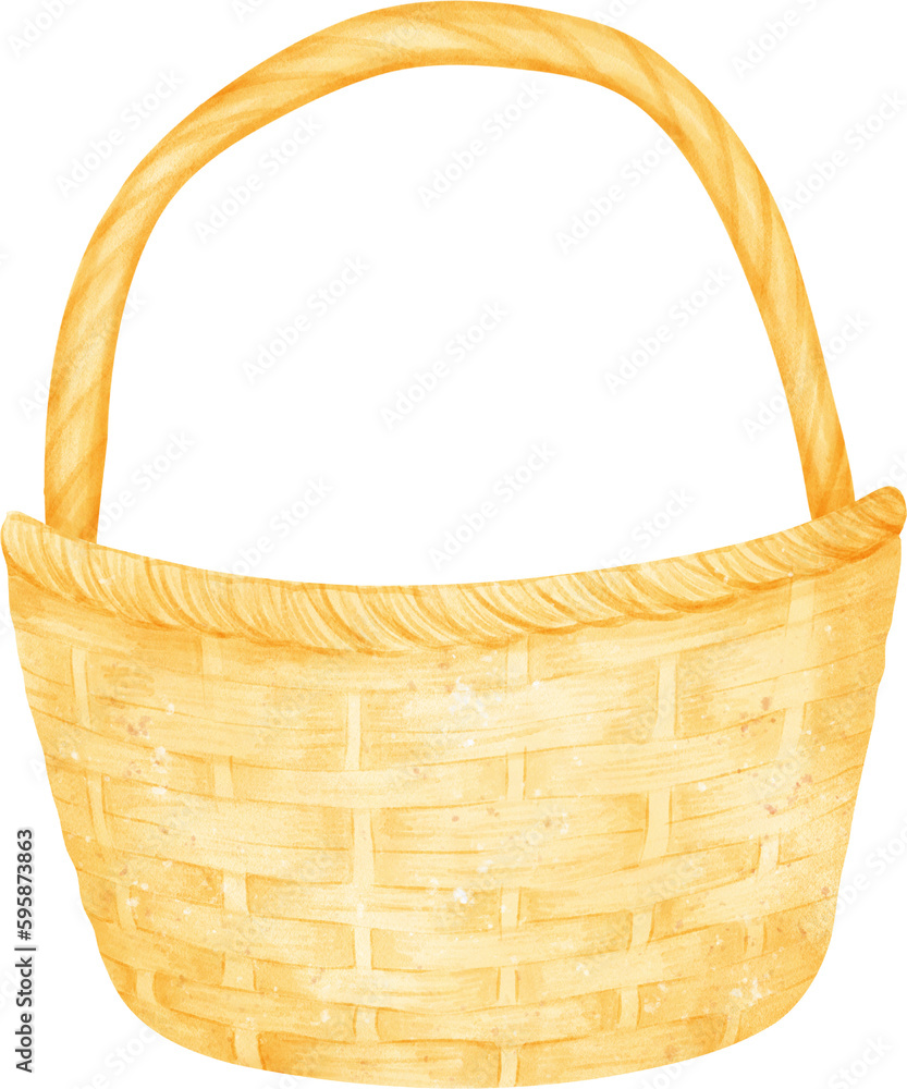 Empty wicker wooden picnic basket with handle watercolor illustration Empty wicker wooden picnic basket with handle watercolor illustration