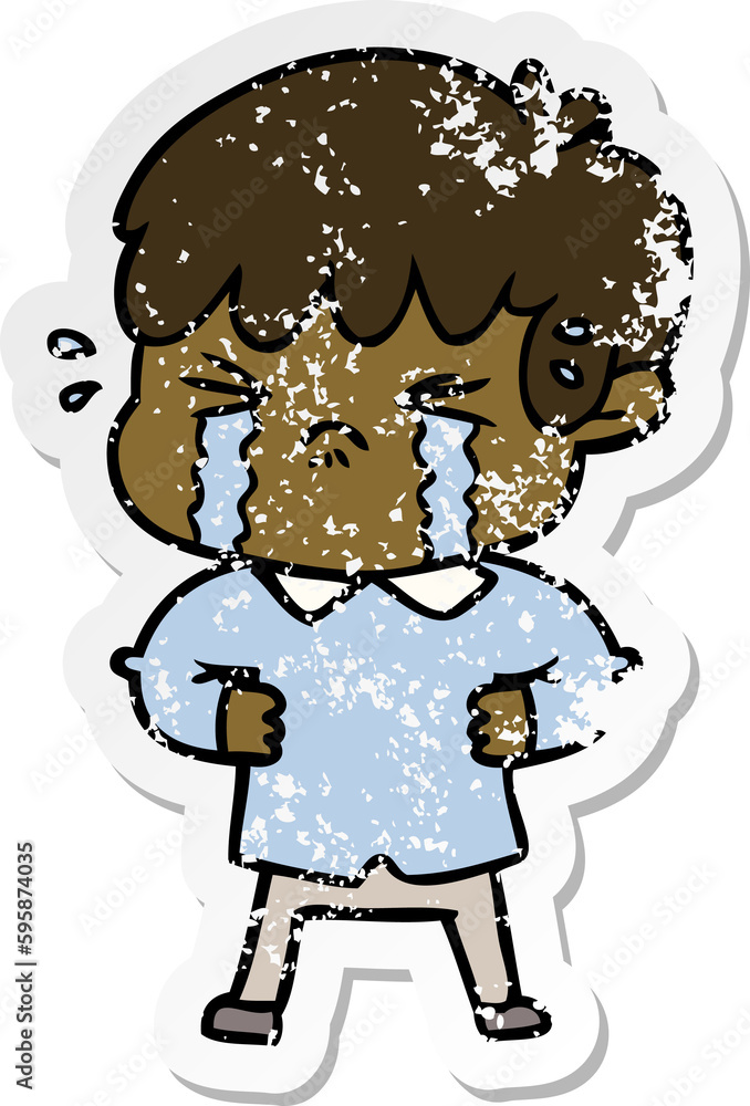 distressed sticker of a crying boy cartoon distressed sticker of a crying boy cartoon