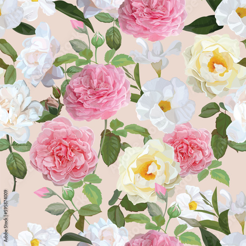 Roses seamless pattern on pink background vector illustration