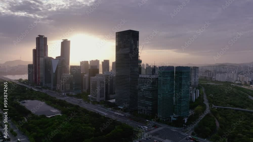 Drone View of Seoul city in South Korea, Sunrise in Yeouido Financial District Drone View of Seoul city in South Korea, Sunrise in Yeouido Financial District