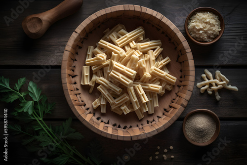 Bamboo shoots in a bowl on a wooden table