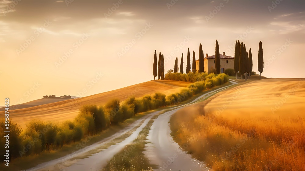 A Tuscan countryside landscape features a house atop a hill and a rural road adorned with rows of cypress trees. The scenery includes golden fields of grain illuminated by the sunset, generative ai