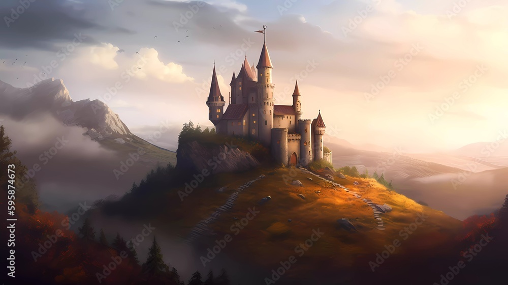 digital art fantasy sketch medieval castle on the hill, generative ai