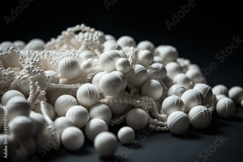 A pile of white beads on white cloth atop black and white background. Generative AI