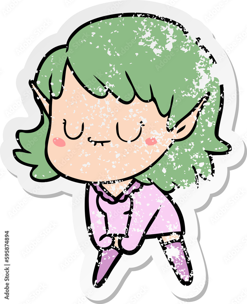 distressed sticker of a happy cartoon elf girl posing