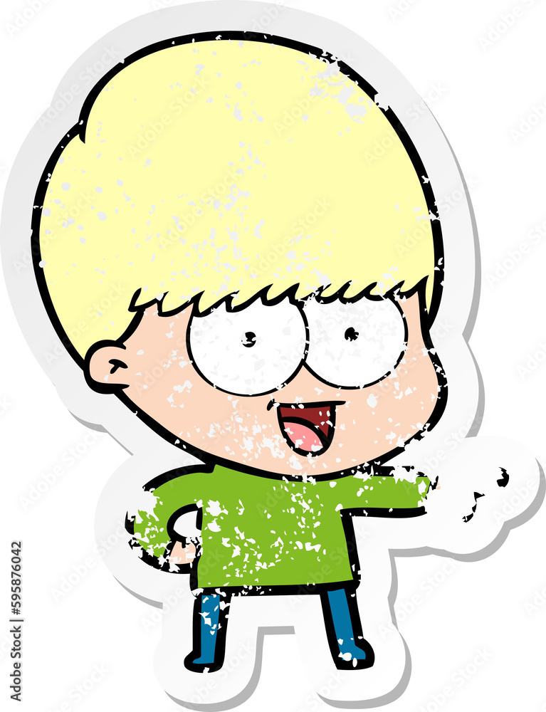 distressed sticker of a happy cartoon boy pointing distressed sticker of a happy cartoon boy pointing