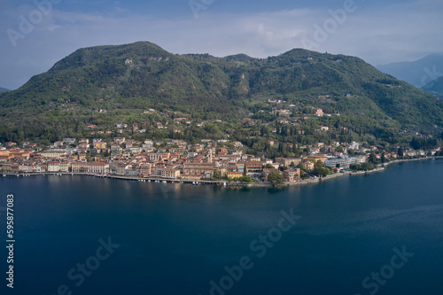 View of the historic part of Salò on Lake Garda Italy. Aerial view of the town on Lake Garda. Tourist site on Lake Garda. Lake in the mountains of Italy.