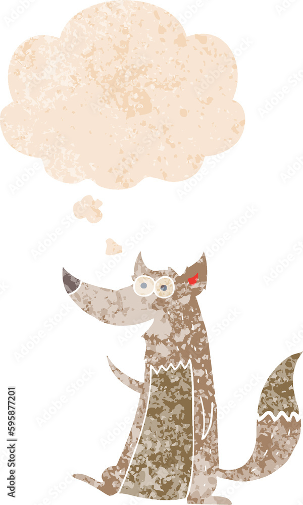 cartoon wolf with thought bubble in grunge distressed retro textured style cartoon wolf with thought bubble in grunge distressed retro textured style
