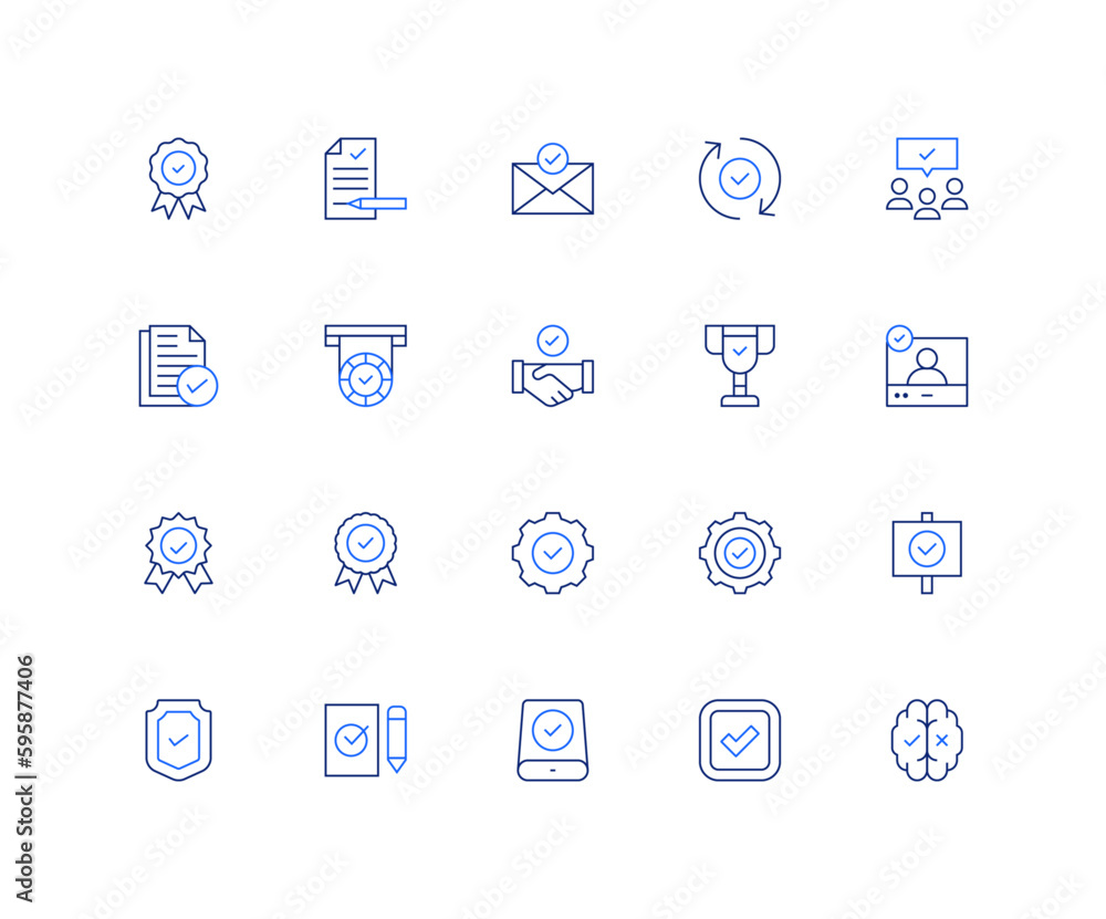 Checkmark up icon set. Editable stroke. Thin line icon. Duotone color. badge, document, email, validated, audience, approve, medal, deal, trophy, verified user, validation, award, easy installation.