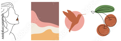 collection of modern simple posters: a linear silhouette of a girl, a caliber with a circle, cherry lines with geometric shapes and an abstract landscape on a colored background