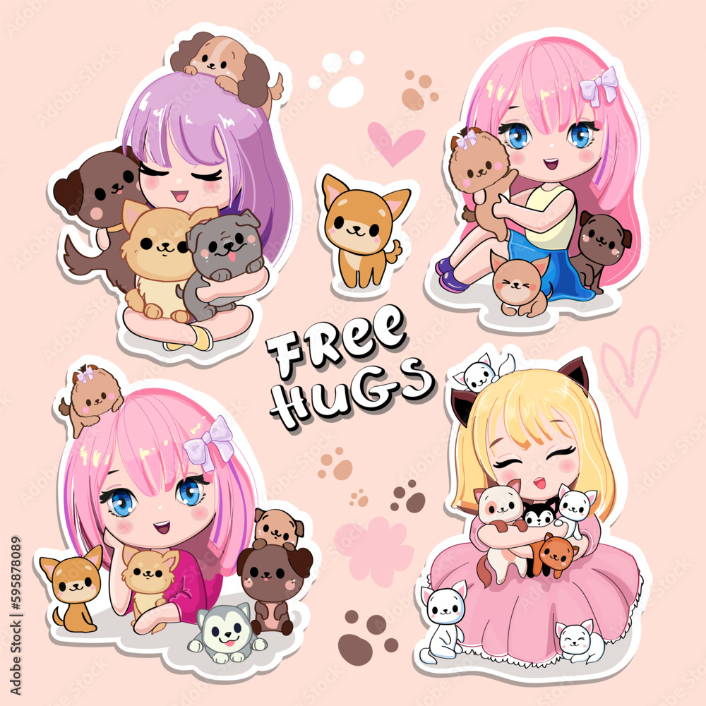 Cute set with cartoon anime girls with little kittens and dogs. Fashion  patch stickers. Vector illustration print in kawaii style for t-shirt Stock  Vector