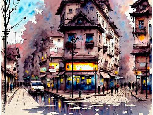 street, wet-on-wet technique, ink watercolor sketch, ink splatter,generative AI
