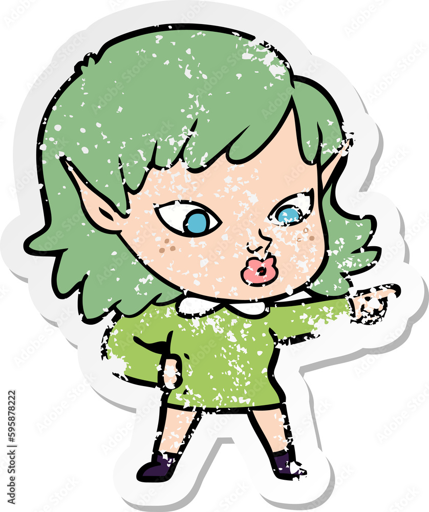 distressed sticker of a pretty cartoon elf girl distressed sticker of a pretty cartoon elf girl