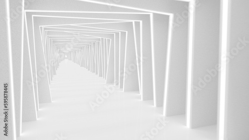 White futuristic tunnel leading to light. Modern style abstract 3d rendered background.
