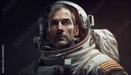 Portrait Shot of the Courageuos Astronaut Wearing Helmet in Space, Looking around in Wonder. Space Travel, Exploration and Solar System Colonization Concept