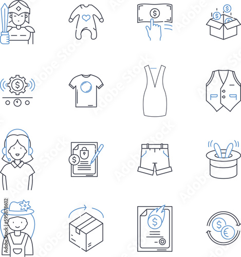 Outfit production line icons collection. Tailoring, Designing, Stitching, Apparel, Garment, Clothing, Fashion vector and linear illustration. Style,Trend,Textile outline signs set