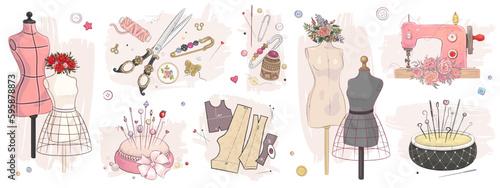 Vector hand drawn sewing retro set. Collection of highly detailed hand drawn sewing tools isolated on background