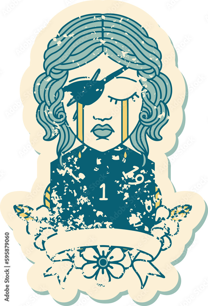 Retro Tattoo Style crying human rogue with natural one roll Retro Tattoo Style crying human rogue with natural one roll