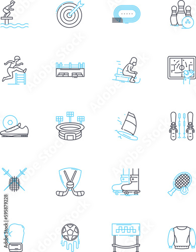 Competitions linear icons set. Challenge, Race, Contest, Game, Event, Battle, Match line vector and concept signs. Exhibition,Tournament,Showdown outline illustrations