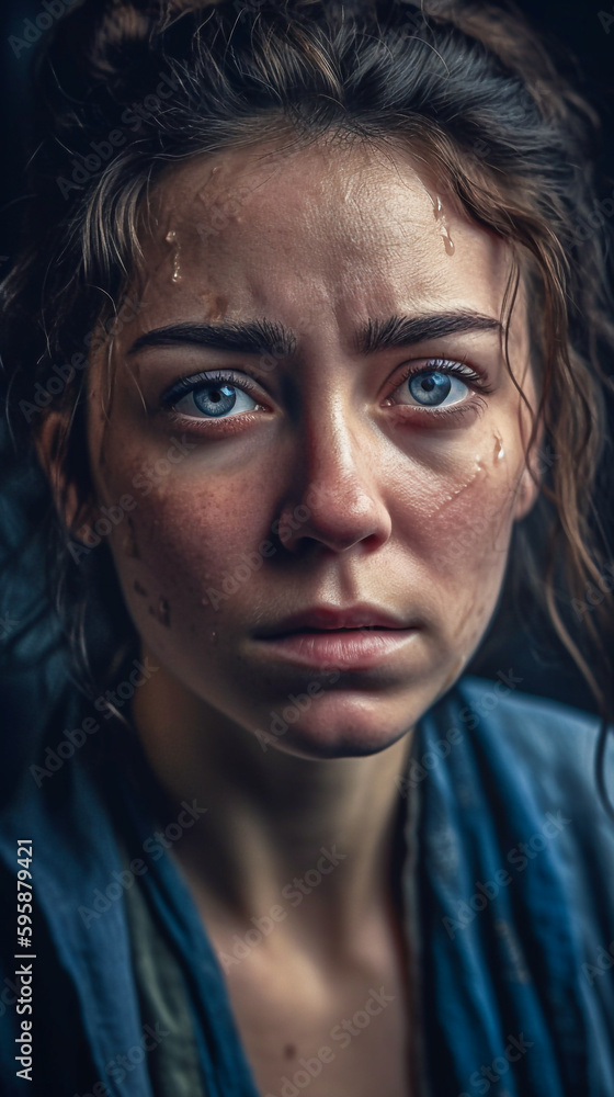 Close-up portrait of a young woman with sad face expression - ai generative Close-up portrait of a young woman with sad face expression - ai generative