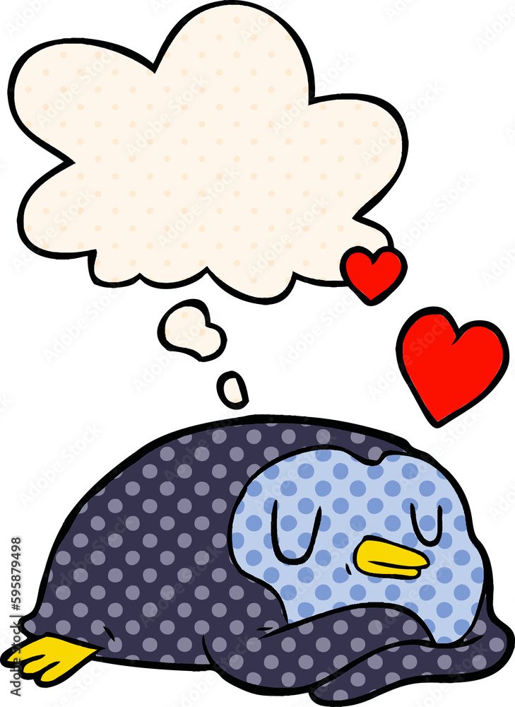 cartoon penguin in love with thought bubble in comic book style cartoon penguin in love with thought bubble in comic book style