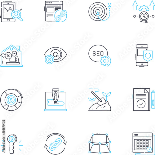 Brand perception linear icons set. Trusrthy, Authenticity, Reputation, Recognition, Loyalty, Perception, Identity line vector and concept signs. Consistency,Promise,Distinctiveness outline