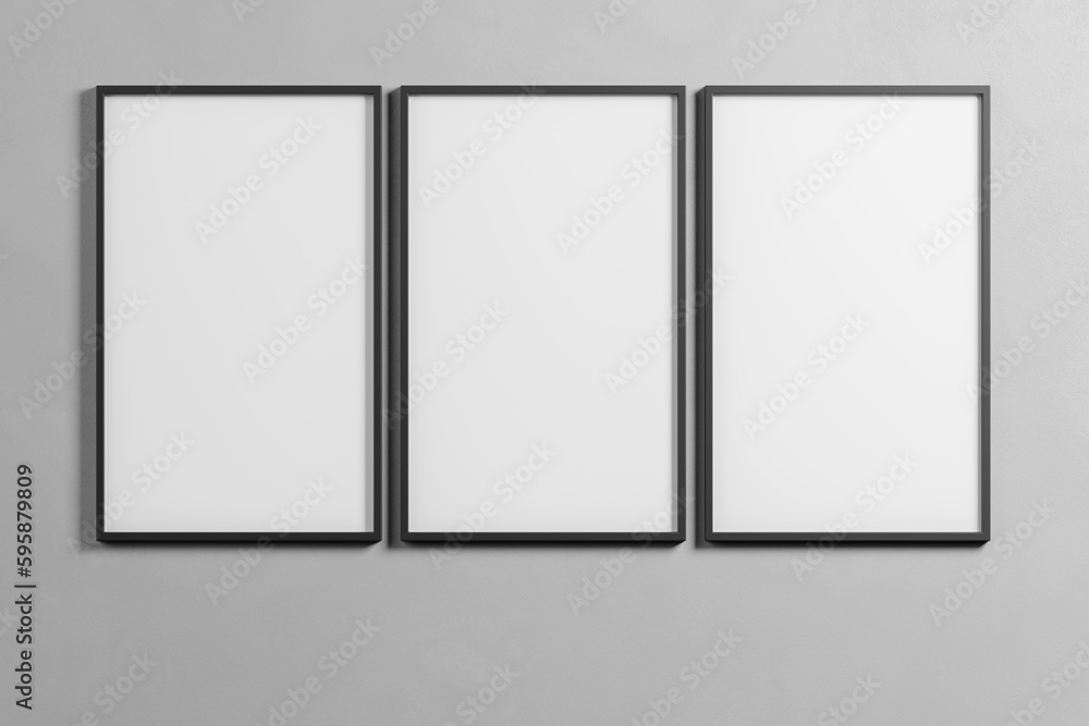 Frame Set of 3 Mockup Thin Frames Gallery on grey Wall. set of three