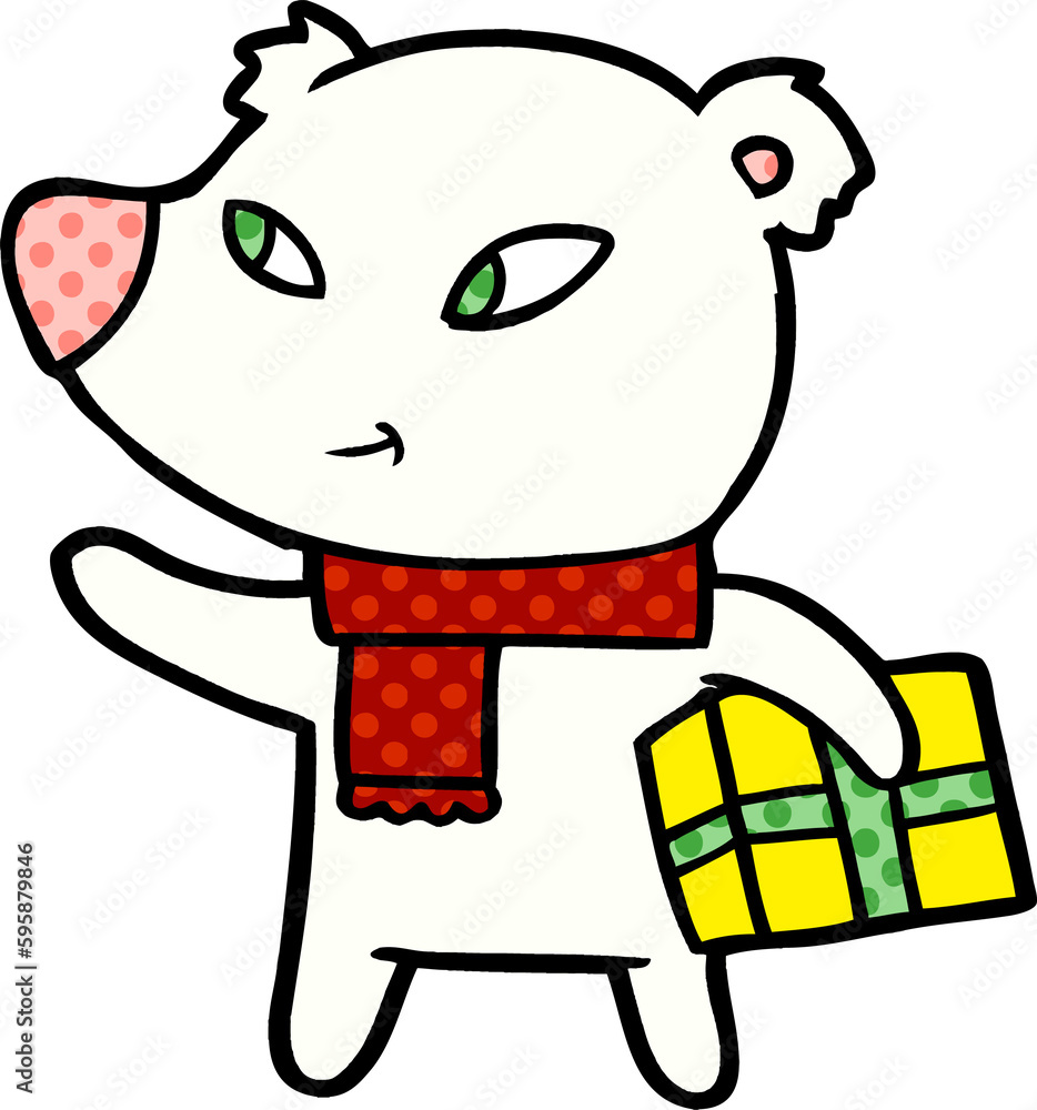 polar bear with christmas present cartoon