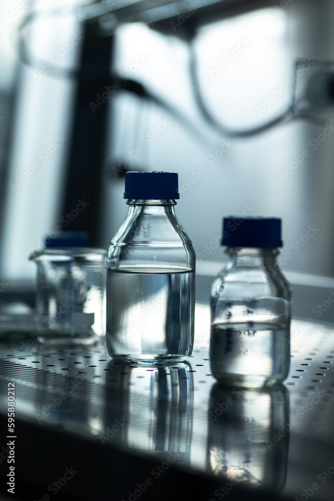 Research experiment glass in a flow, glove box in a chemistry lab