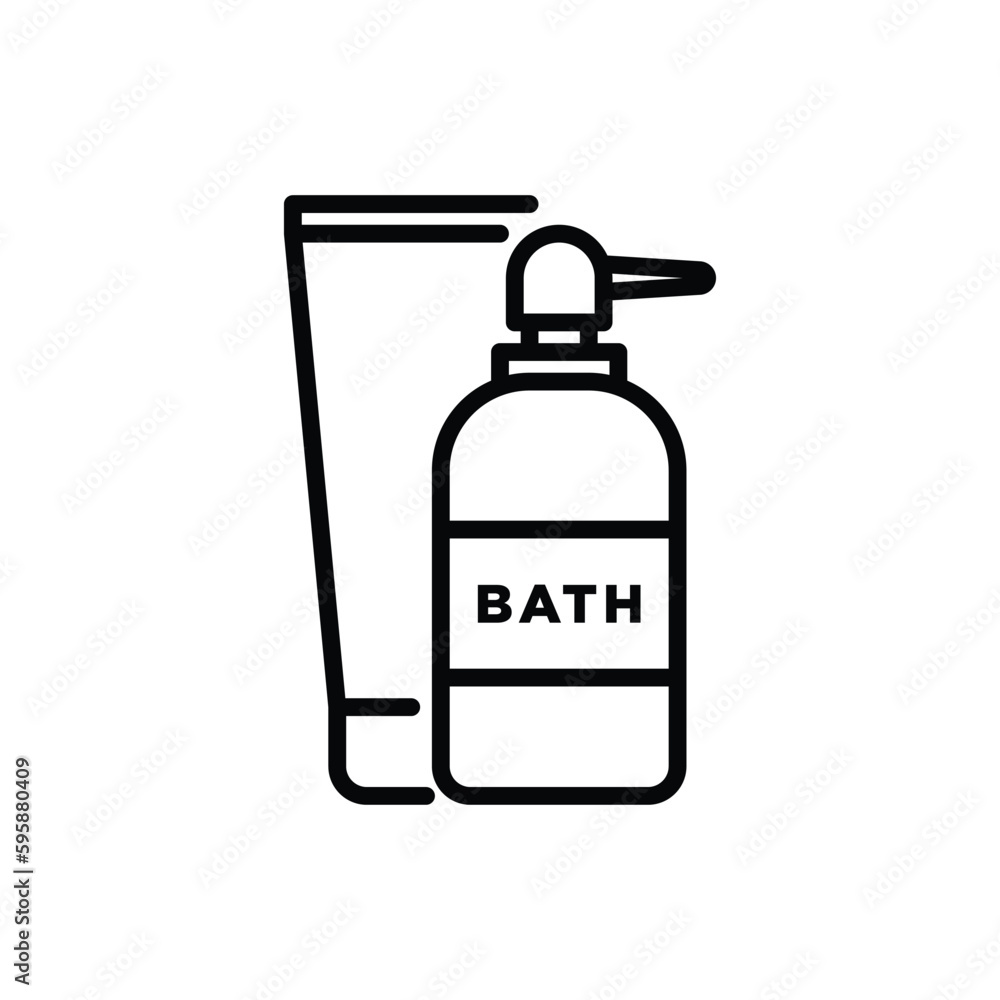 Bath and shower treatments: glass bottle with dispenser and plastic tube. Shower gel, liquid soap. Thin line icon. Modern vector illustration for beauty shop. Bath and shower treatments: glass bottle with dispenser and plastic tube. Shower gel, liquid soap. Thin line icon. Modern vector illustration for beauty shop.