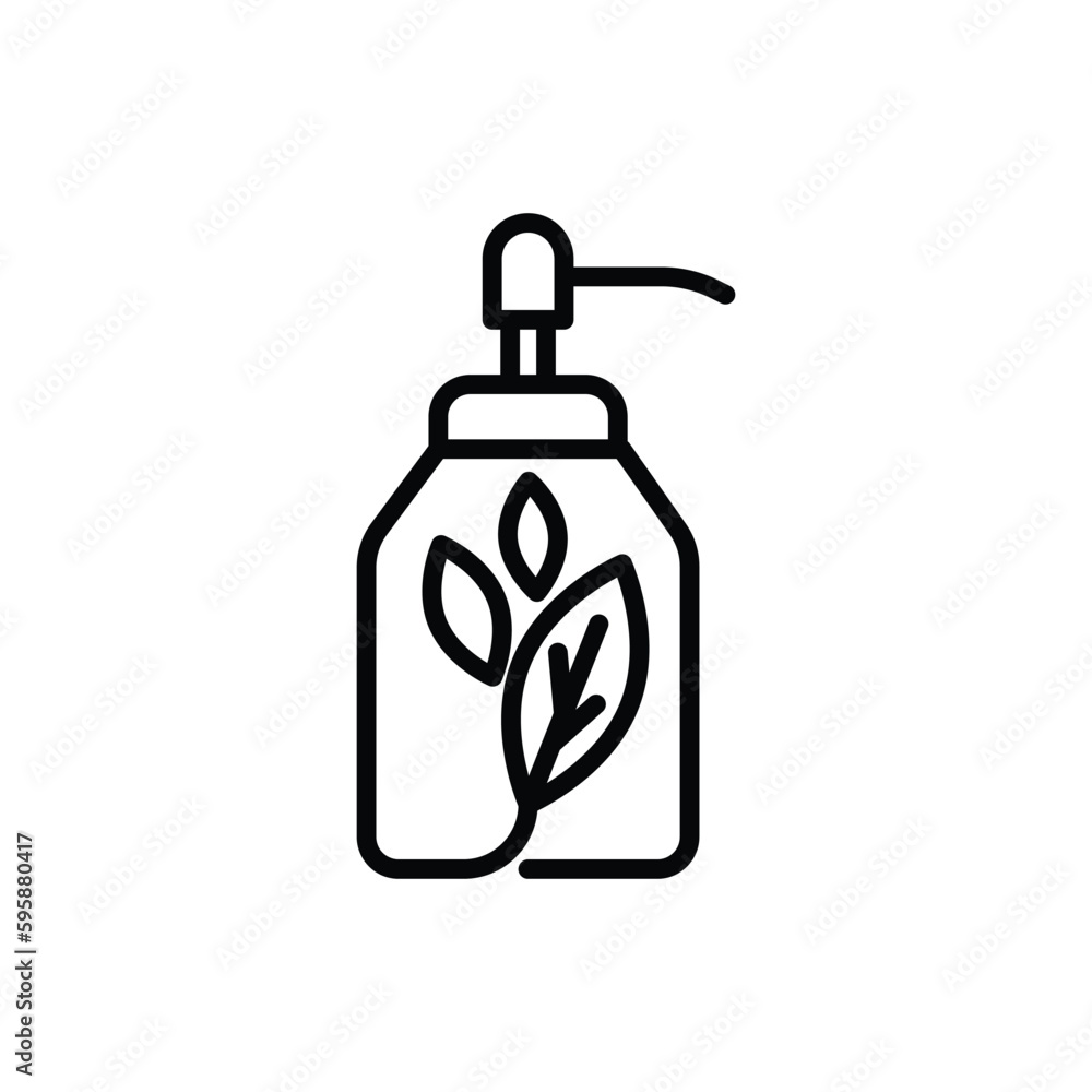 Organic cosmetics thin line icon: glass bottle with dispenser and leaf sign. Modern vector illustration for beauty shop. Organic cosmetics thin line icon: glass bottle with dispenser and leaf sign. Modern vector illustration for beauty shop.