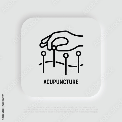 Acupuncture thin line icon. Hand with needle, alternative medicine. Pain relief, arthritis treatment. Vector illustration.