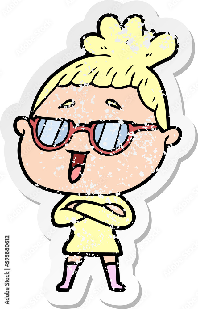 distressed sticker of a cartoon happy woman wearing spectacles