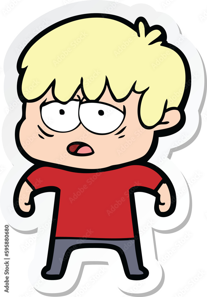 sticker of a cartoon exhausted boy sticker of a cartoon exhausted boy