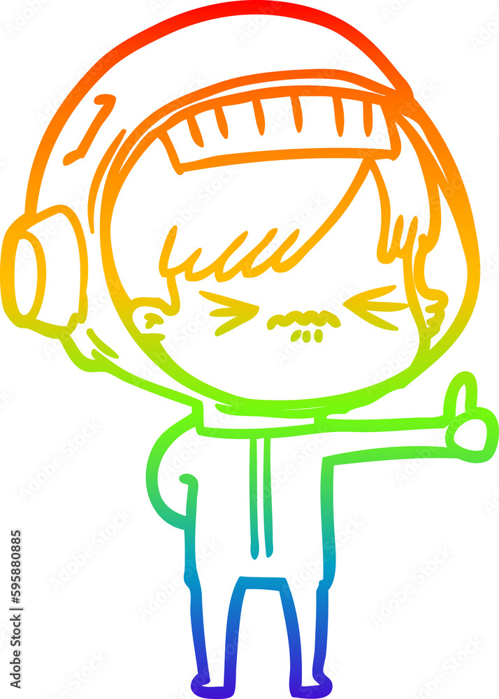 rainbow gradient line drawing of a cartoon astronaut woman