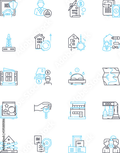 Market facility linear icons set. Hub, Bazaar, Mall, Plaza, Center, Arcade, Emporium line vector and concept signs. Mart,Square,Marketplace outline illustrations