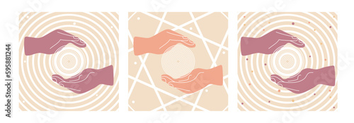 Two hands holding a circle. Set of the creative vector illustration.
